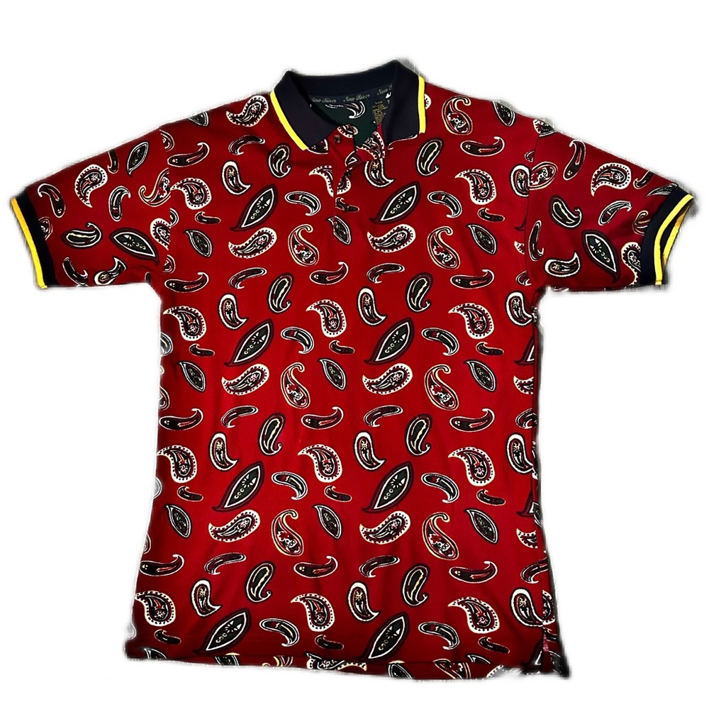 Vintage 80s Red Paisley Retro Polo Tee Collared Shirt